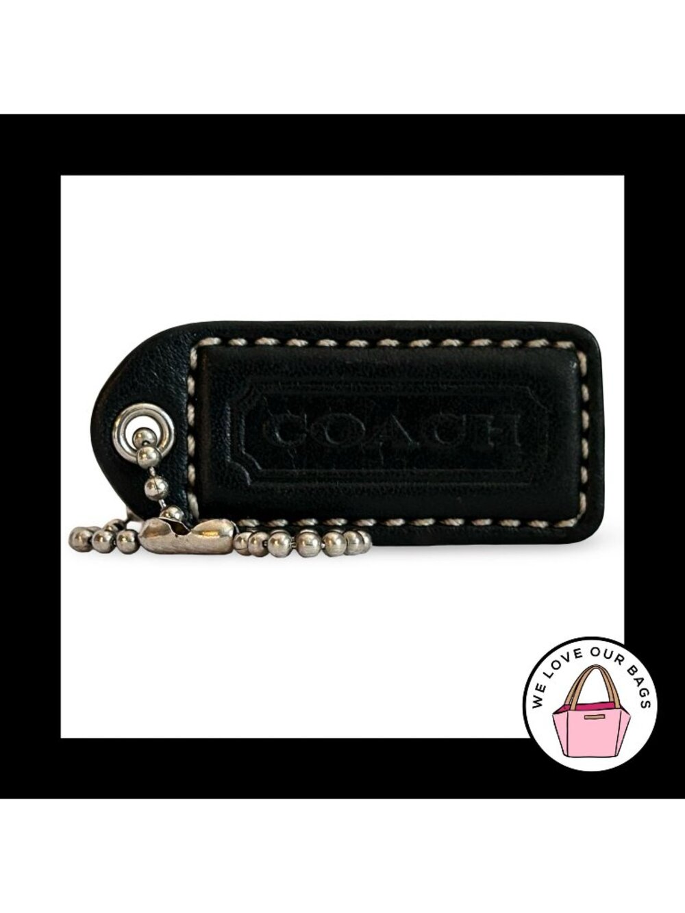 COACH Y2K VINTAGE Hang Tag 2" Black Leather Bag Charm Keychain Fob Nickel Medium